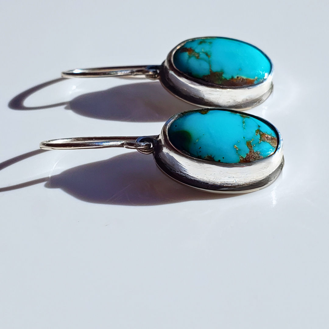 Handmade oval turquoise earrings in sterling silver bezel