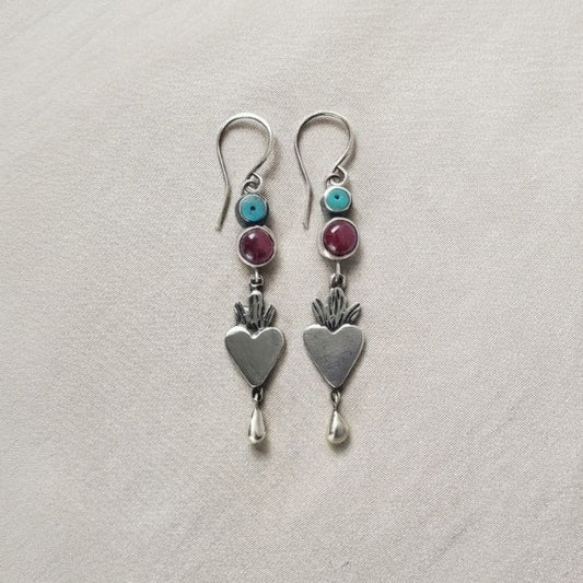 Flaming ruby heart earrings