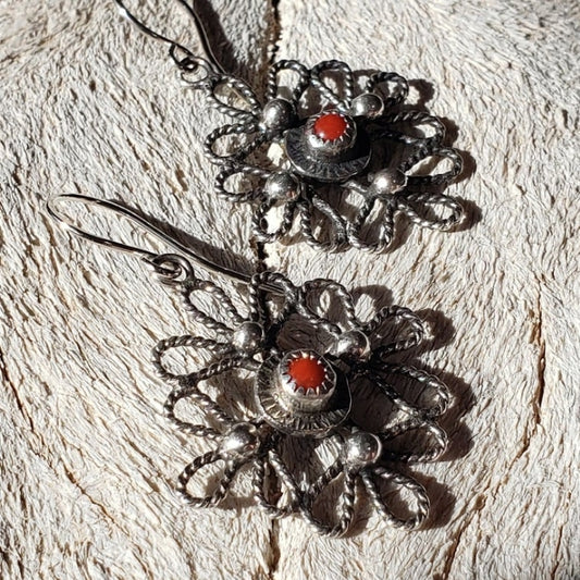 Silver scroll earrings with red coral