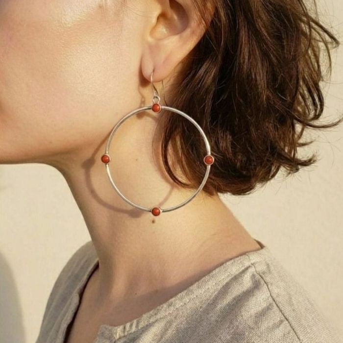 Large red coral hoop earrings
