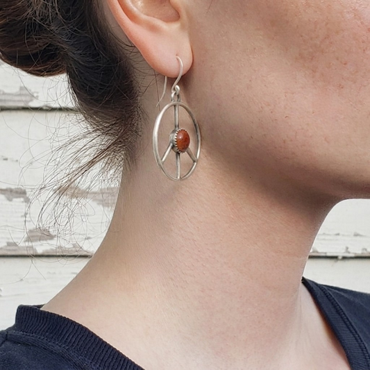 Silver peace sign earrings with red coral