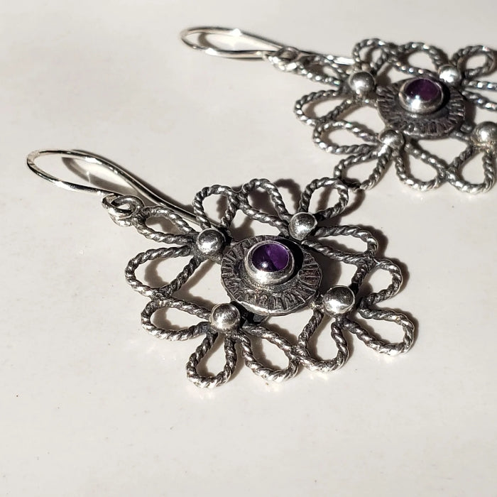 Silver scroll earrings with amethyst