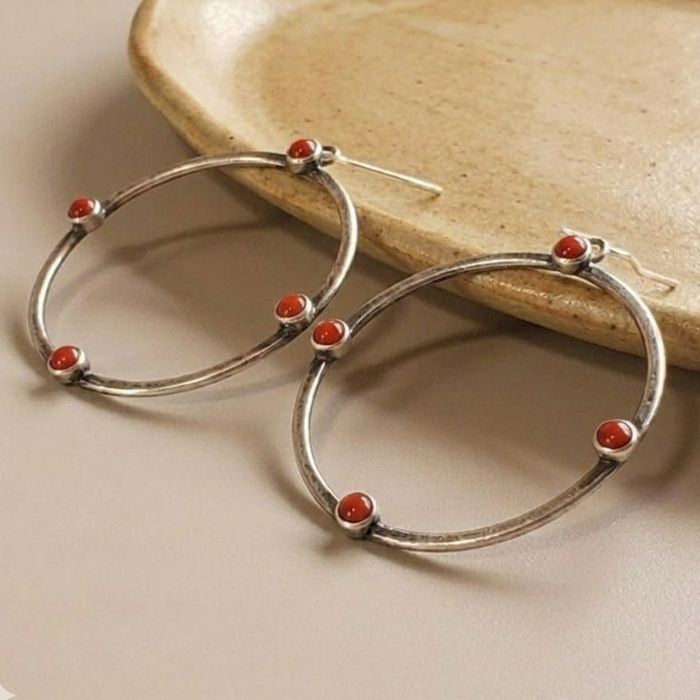 Medium red coral hoop earrings