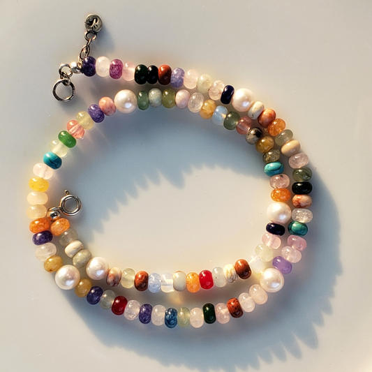 Colorful gemstone and pearl necklace