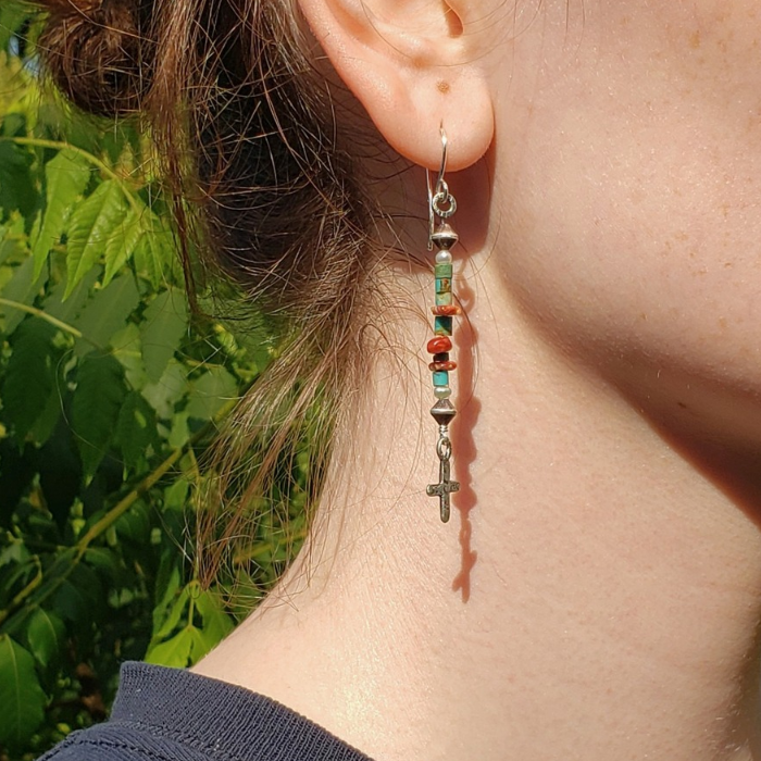 Turquoise heishi and spiny coral earrings