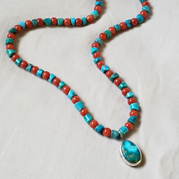 Turquoise and red coral necklace with pendant