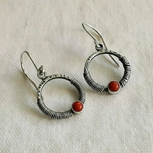 Rustic wrapped red coral hoop earrings