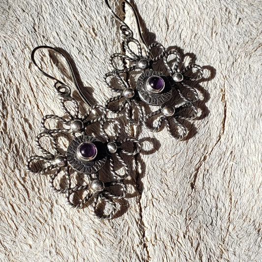 Silver scroll earrings with amethyst