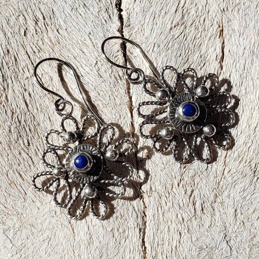 Silver scroll earrings with blue lapis