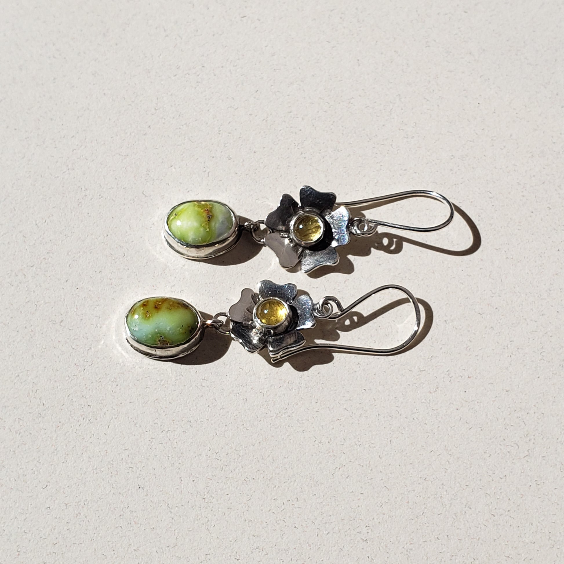 Bright chartreuse Palomino Variscite gemstone and yellow tourmaline daisy earrings. 