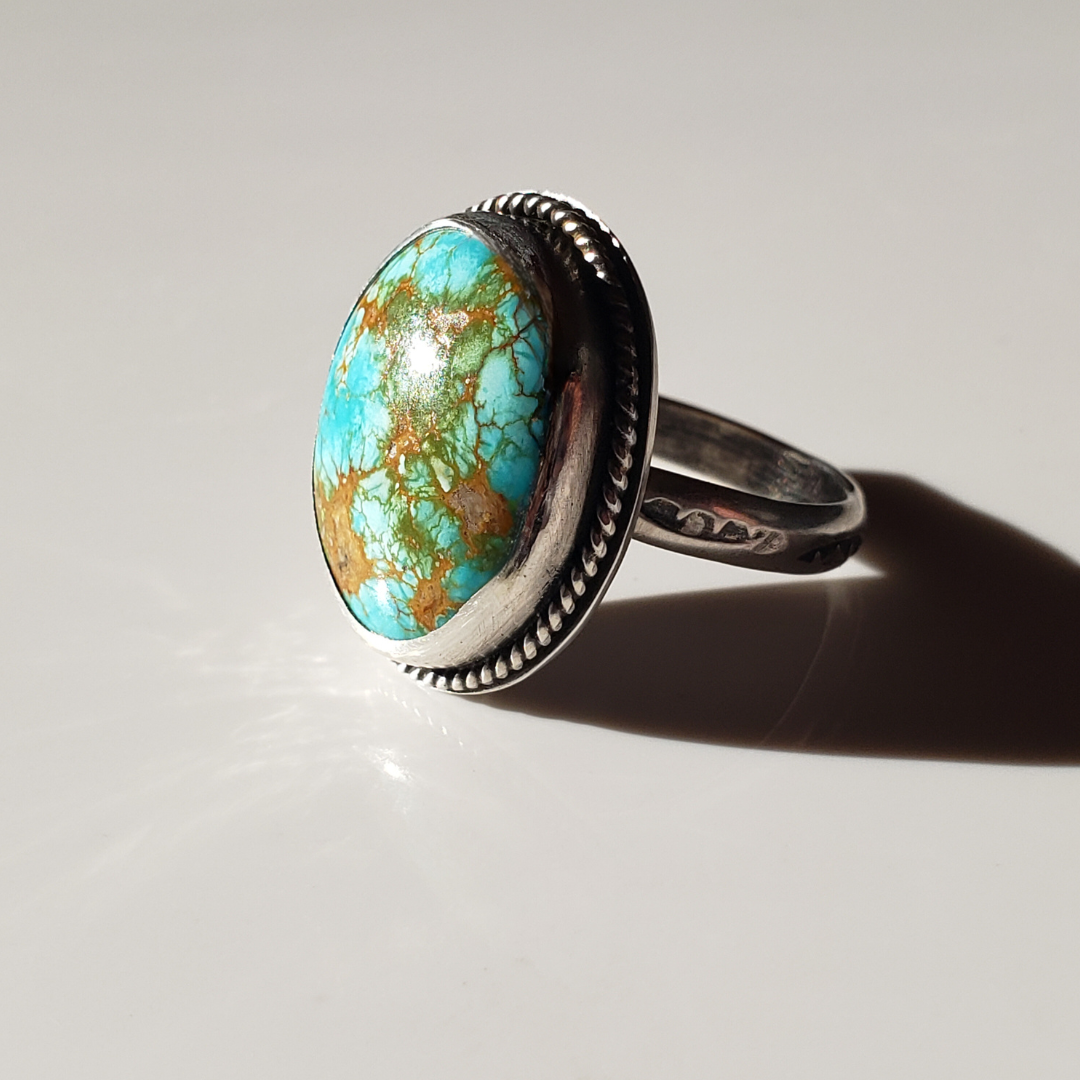 Large turquoise ring against white background 