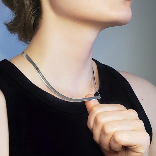 a model wearing a shiny silver herringbone chain necklace on their neck