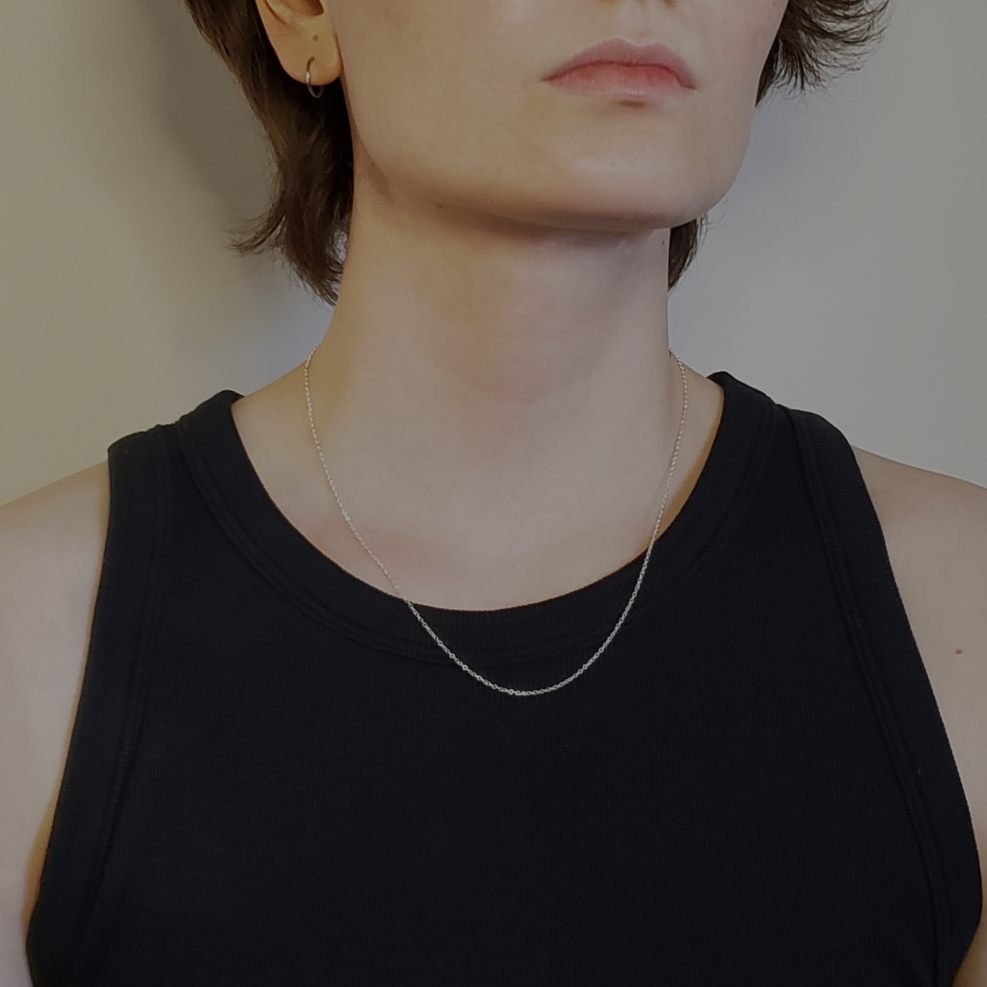 Image of model wearing a dainty silver chain necklace