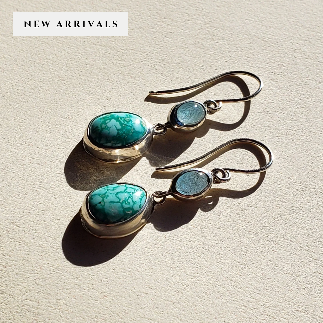 A right facing image of turquoise and silver artisan earrings 