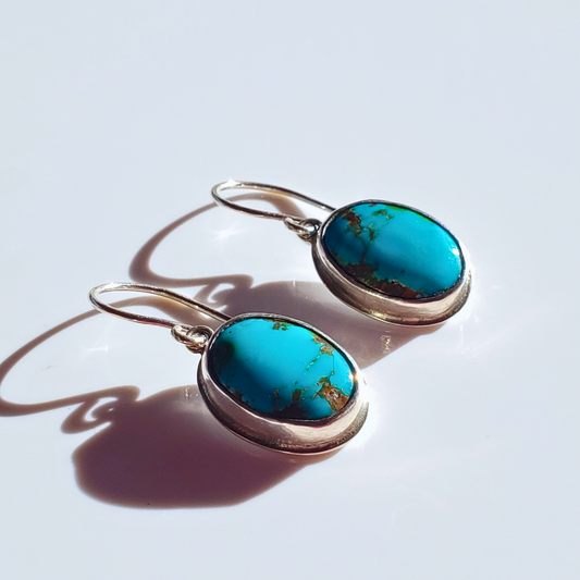 Handmade oval turquoise earrings in sterling silver bezel