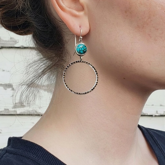 Silver hoop earrings with turquoise