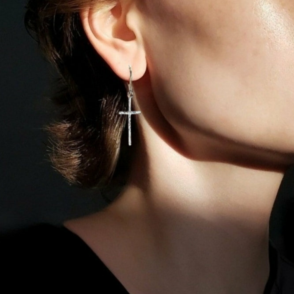 Textured silver cross earrings