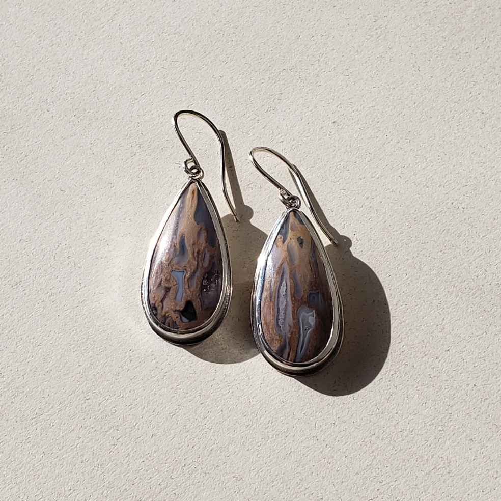 Image of large teardrop fossil earrings against beige background 