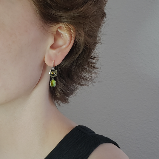 Bright chartreuse Palomino Variscite gemstone and yellow tourmaline daisy earrings. 