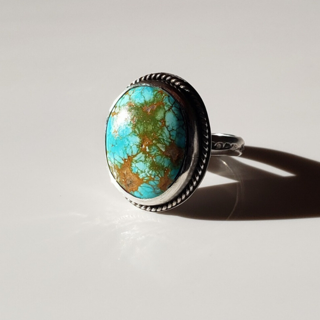 Large turquoise ring against white background 