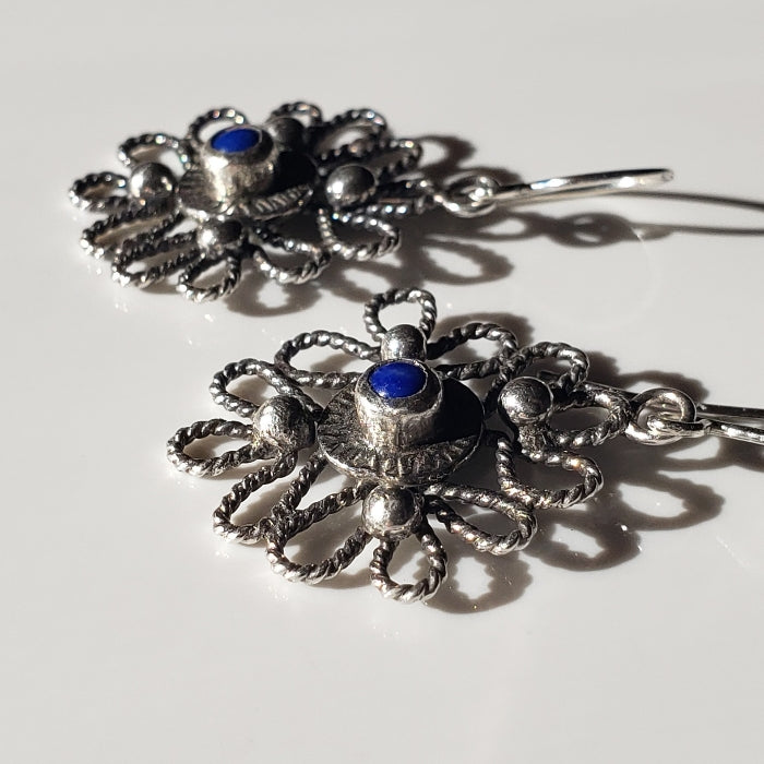 Silver scroll earrings with blue lapis