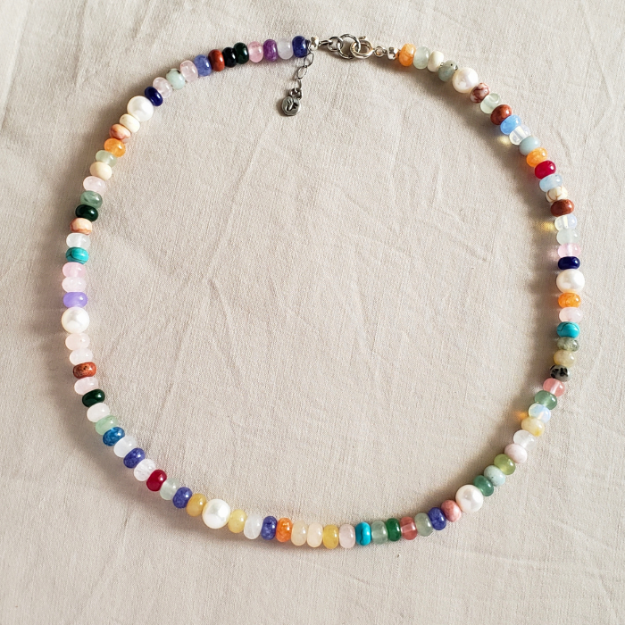 Colorful gemstone and pearl necklace