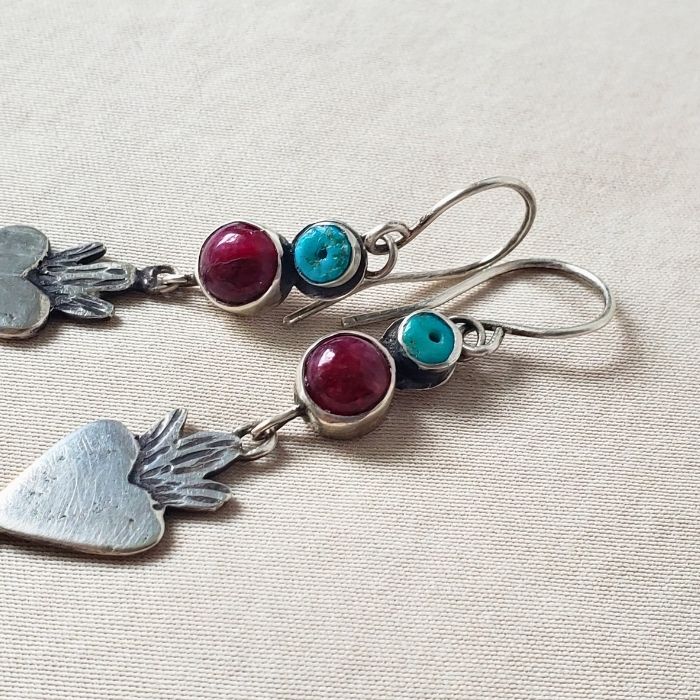 Flaming ruby heart earrings