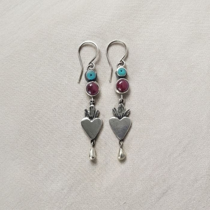 Flaming ruby heart earrings