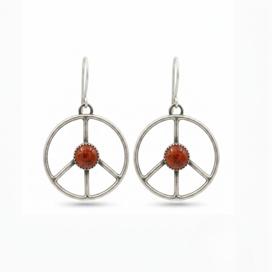 Silver peace sign earrings with red coral