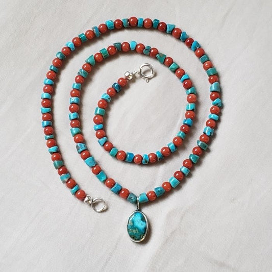 Turquoise and red coral necklace with pendant