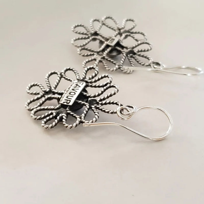 Silver scroll earrings with red coral