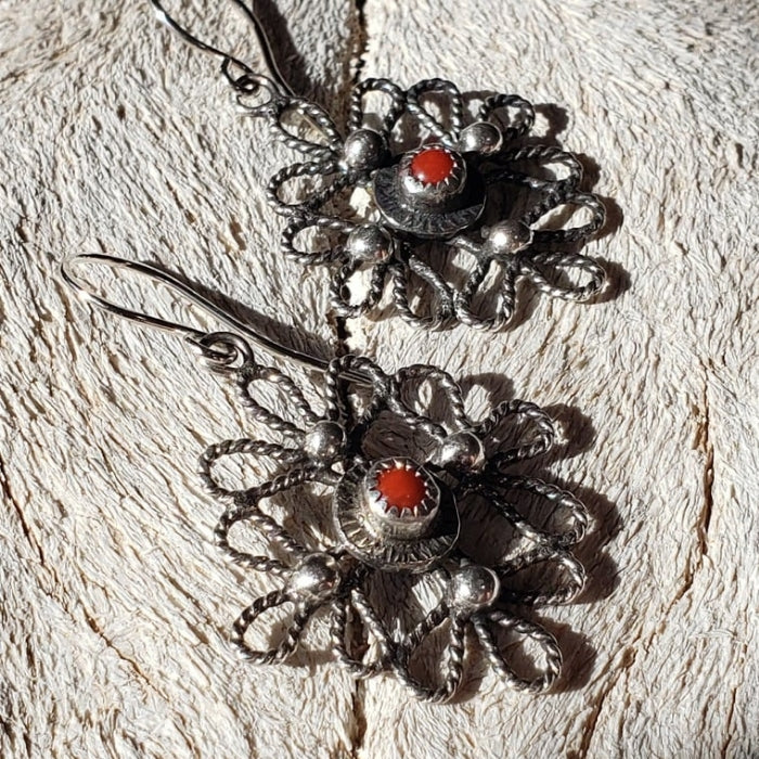 Silver scroll earrings with red coral