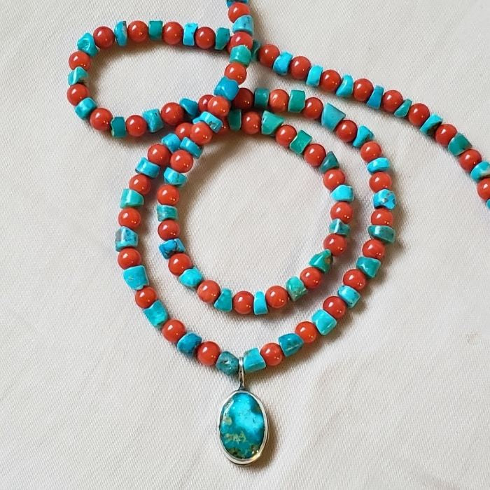 Turquoise and red coral necklace with pendant