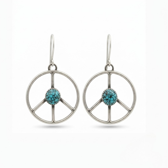 Silver peace sign earrings with turquoise centers