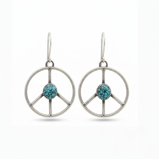 Silver peace sign earrings with turquoise centers