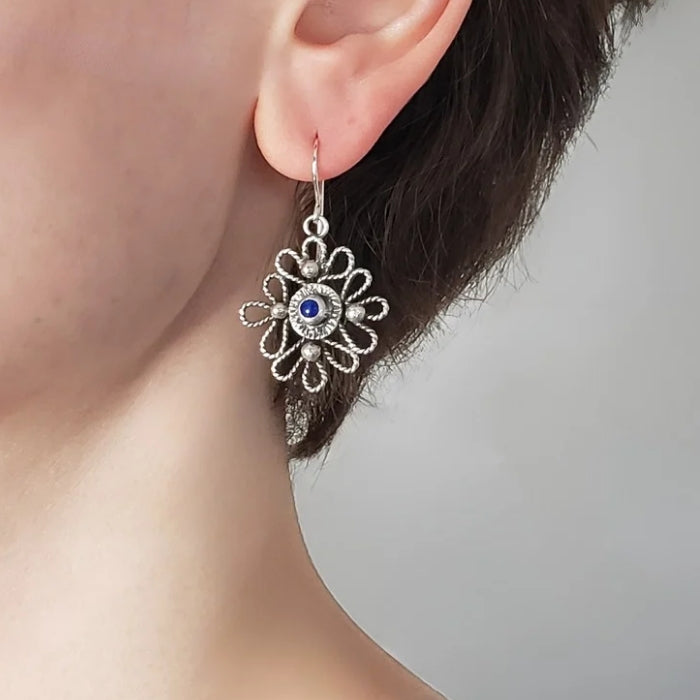 Silver scroll earrings with blue lapis
