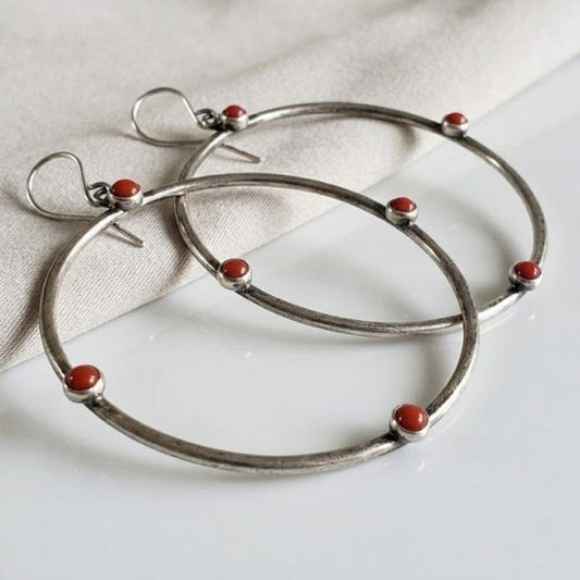Large red coral hoop earrings