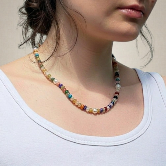 Colorful gemstone and pearl necklace