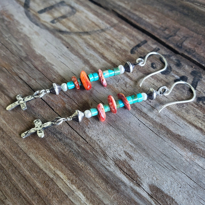 Turquoise heishi and spiny coral earrings