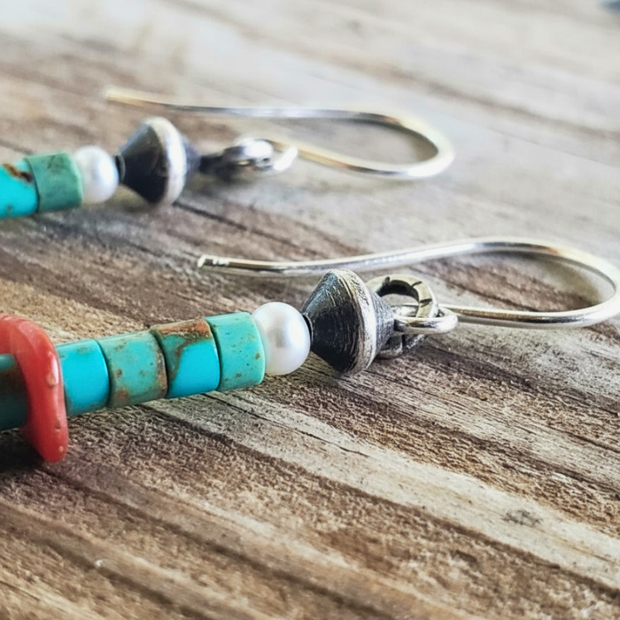 Turquoise heishi and spiny coral earrings