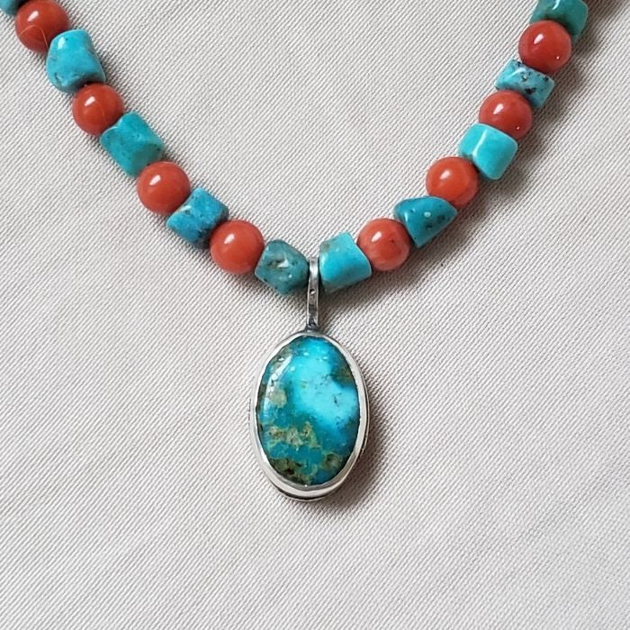 Turquoise and red coral necklace with pendant