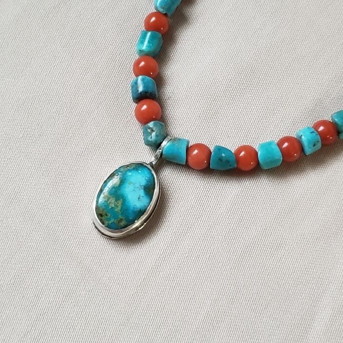 Turquoise and red coral necklace with pendant