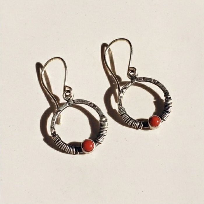 Rustic red coral hoop earrings