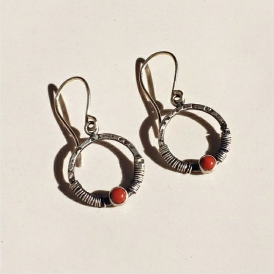 Rustic wrapped red coral hoop earrings