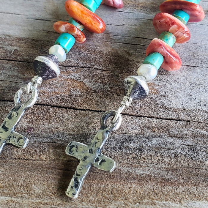 Turquoise heishi and spiny coral earrings