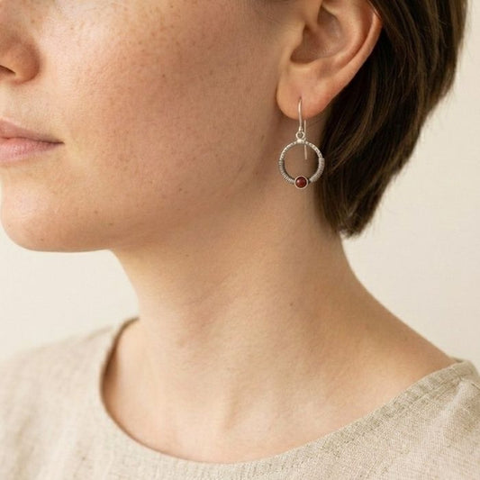 Rustic wrapped red coral hoop earrings