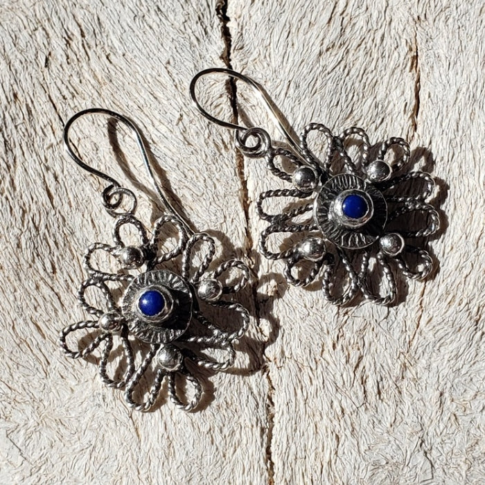 Silver scroll earrings with blue lapis