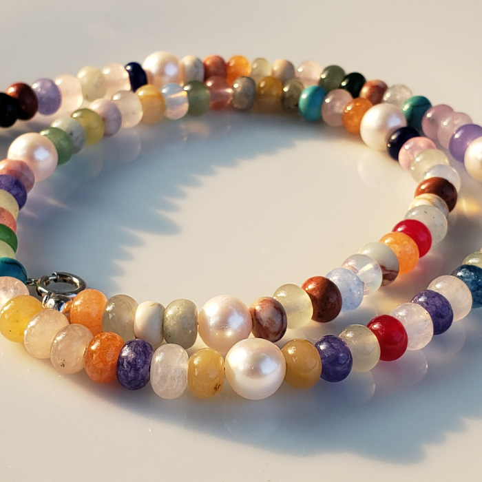Colorful gemstone and pearl necklace