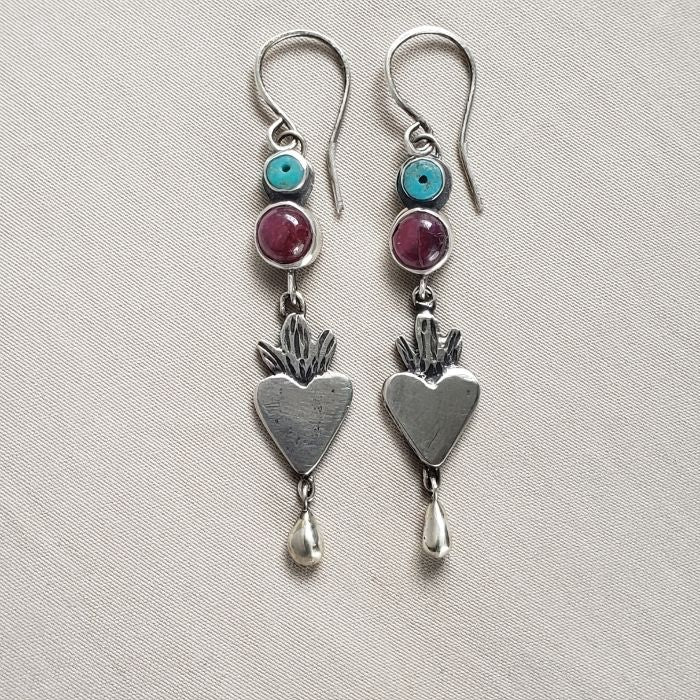 Flaming ruby heart earrings