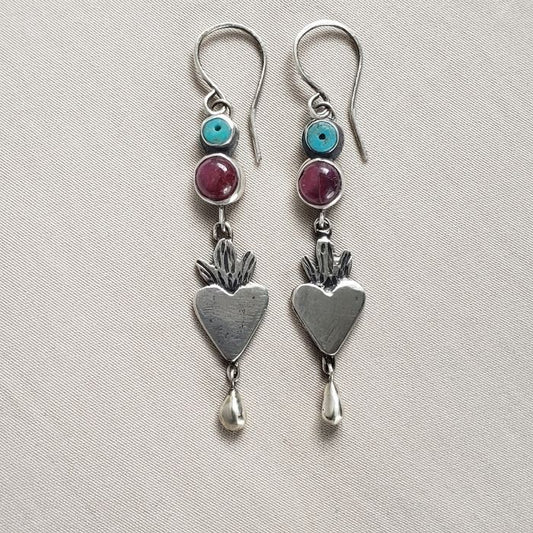 Flaming ruby heart earrings